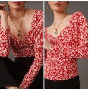 Anthropologie Carmine Red Cropped Juliet Blouse Women's Size Large